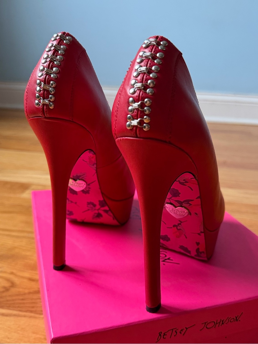 Betsey Johnson Red Stud-Back Stiletto Pumps